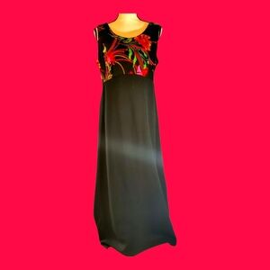 Vintage 70s Black Floral Sleeveless Maxi Dress – Pre-Loved, Great Condition